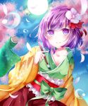  1girl bubble cherry_blossoms collarbone hieda_no_akyuu highres japanese_clothes moonlight petals purple_hair rukito scroll solo touhou violet_eyes 