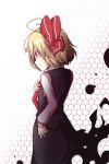 1girl ahoge blonde_hair commentary_request earlgrey hair_ribbon hand_on_own_chest long_sleeves necktie photoshop_(medium) red_eyes red_necktie ribbon rumia shirt short_hair skirt skirt_set smile solo touhou vest