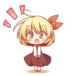  black_dress blonde_hair blush chibi dress hair_ribbon kousa_(black_tea) long_sleeves looking_at_viewer open_mouth pink_eyes ribbon rumia shirt short_hair simple_background smile solo touhou v_arms white_background 