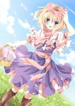  1girl alice_margatroid blonde_hair blue_eyes boots cape cat flower flower_on_head grass highres nogi_takayoshi solo too_many_bats too_many_cats touhou wavy_hair 