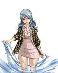  1girl black_eyes blue_hair dress fairy_tail jewelry juvia_loxar leopard_print long_hair mashima_hiro necklace official_art solo tattoo wading water wet 
