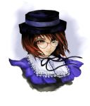  1girl bespectacled brown_hair bust doll glasses green_eyes hat heterochromia portrait red_eyes rozen_maiden shikine_hiroshi short_hair smile solo souseiseki 