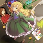  1girl amaoto_sanba blonde_hair crayon dress frilled_dress frills garry_(ib) green_dress green_eyes ib ib_(ib) lady_in_red_(ib) long_hair looking_at_viewer mary_(ib) petals picture_frame 