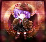  1girl alternate_costume alternate_eye_color arm_up bat_wings boots border brick_wall cape cross-laced_footwear deerstalker detective dress gloves hat long_sleeves looking_at_viewer number outline plaid purple_hair remilia_scarlet ribbon smile solo spotlight touhou tsukiori_sasa violet_eyes wings wink 