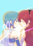  2girls blue_hair blush closed_eyes face-to-face grin heart long_hair magical_girl mahou_shoujo_madoka_magica miki_sayaka multiple_girls redhead sakura_kyouko short_hair smile yoshizoe_eiko yuri 