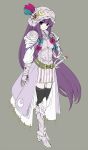  1girl armor bangs belt bow breastplate crescent garter_straps gauntlets greaves hair_bow helmet long_hair looking_at_viewer patchouli_knowledge payot purple_hair simple_background smile solo spaulders striped sword takemori_shintarou thigh-highs touhou weapon 