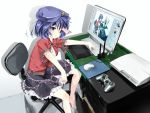  1girl :o barefoot blouse blue_eyes blue_hair book breasts chair cleavage_cutout computer computer_mouse controller desk game_controller gorilla_(bun0615) hat looking_at_viewer miyako_yoshika office_chair ofuda outstretched_arms playstation reflection scanner shadow simple_background skirt solo star tablet touhou white_background zombie_pose 