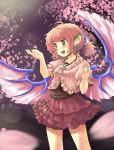  1girl :d adapted_costume ahoge alternate_costume alternate_hairstyle animal_ears blush cherry_blossoms mystia_lorelei nise_nanatsura no_hat no_headwear open_mouth petals pink_eyes pink_hair ponytail red_eyes short_hair skirt smile solo touhou wings 