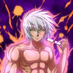  1boy aura fal_(falketto) glasses glowing holding holding_glasses morichika_rinnosuke muscle shirtless short_hair silver_hair slit_pupils smile touhou yellow_eyes 