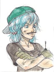  crossed_arms gloves kawashiro_nitori kobushi pencil_mustache screwdriver sketch solo touhou 