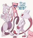  2013 absurdres artist_name blue_eyes constricted_pupils dated ditto english flying_sweatdrops hands_on_hips highres mega_mewtwo_y mega_pokemon mew mewtwo no_humans pokemon pokemon_(creature) pokemon_(game) pokemon_xy purplekecleon simple_background sweatdrop tail wavy_mouth white_background 