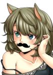  1girl adjusting_hair animal_ears blue_eyes brown_hair cat_ears facial_hair green_eyes heterochromia idolmaster idolmaster_cinderella_girls karute mole mustache short_hair smile solo takagaki_kaede 