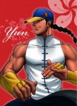  1boy bare_shoulders baseball_cap black_hair braid bridal_gauntlets chinese_clothes fighting_stance hat kazumichi long_hair muscle single_braid sleeveless solo street_fighter street_fighter_iii yun_lee 