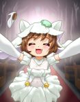  1girl alternate_costume backlighting bell blush bride brown_hair carpet chen closed_eyes dress elbow_gloves facing_viewer fang fujimiya_kikyou gloves hat hat_with_ears incoming_hug interior jingle_bell mob_cap open_mouth outstretched_arms shoes_removed short_hair short_sleeves solo spread_arms touhou wedding_dress 