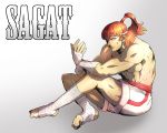  1boy alternate_hairstyle ankle_wraps barefoot character_name headband muscle redhead sagat sagattoru shirtless shorts sitting solo street_fighter topknot wrist_wraps 