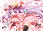  1girl black_legwear blush bow bowtie breasts capelet checkered checkered_background cleavage cloak hair_ribbon hat leaning_forward long_hair long_sleeves no_nose oshio_(dayo) patchouli_knowledge purple_hair ribbon solo star thigh-highs touhou tress_ribbon very_long_hair violet_eyes 