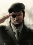  1boy beard beret big_boss eyepatch facial_hair graveyard hat kazumichi male metal_gear metal_gear_solid metal_gear_solid_3 military military_uniform necktie salute tear uniform 