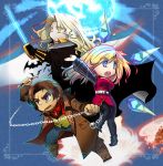  1girl alucard bat beard belt blonde_hair blue_eyes cape castlevania castlevania:_dawn_of_sorrow chain chibi coat curry facial_hair food full_moon icicle julius_belmondo leopard_print long_hair moon multiple_boys ponytail soma_cruz spoilers sword weapon white_hair yellow_eyes yoko_belnades 