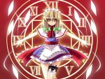  1girl alice_margatroid blonde_hair bow braid clock fal_(falketto) fusion hair_bow izayoi_sakuya knife magic_circle maid maid_headdress miniskirt red_eyes roman_numerals short_hair skirt smile solo touhou twin_braids weapon 