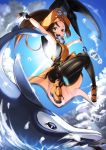  1girl :d anchor arms_up brown_hair clouds dolphin fingerless_gloves gloves guilty_gear hat jolly_roger kyon_(fuuran) may_(guilty_gear) open_mouth orange_eyes pantyhose pirate pirate_hat sky smile solo sun water 