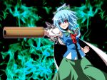  1girl blue_hair bow cape cirno fal_(falketto) fire fusion hair_bow long_skirt ponytail pose red_eyes reiuji_utsuho short_hair skirt smile solo third_eye touhou weapon wings 