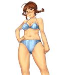  1girl akizuki_ritsuko antenna_hair bikini blush braid breasts brown_eyes brown_hair chiaki_rakutarou cleavage glasses hand_on_hip highres idolmaster looking_down navel short_hair solo striped striped_bikini striped_swimsuit swimsuit twin_braids twintails 