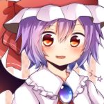  1girl bat_wings blue_hair blush brooch bust face fang hat hat_ribbon jewelry looking_at_viewer open_mouth purple_hair red_eyes remilia_scarlet ribbon short_hair smile solo tosura-ayato touhou uu~ wings 