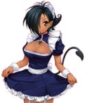  1girl black_hair breasts brown_eyes character_request cleavage cleavage_cutout copyright_request dark_skin demon_girl fang female hair_over_one_eye large_breasts maid pointy_ears short_hair skirt skirt_lift smile solo tail utsugi_(skydream) wrist_cuffs 