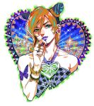  1girl black_hair blonde_hair bracelet braid butterfly double_bun green_eyes heart jewelry joey_joey_joey jojo_no_kimyou_na_bouken kuujou_jolyne lipstick makeup midriff multicolored_hair solo tattoo two-tone_hair 