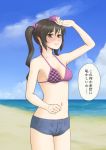  1girl beach bikini_top blue_sky blush brown_eyes brown_hair hat himekaidou_hatate kitano_(kitanosnowwhite) long_hair ocean short_shorts shorts sky solo tokin_hat touhou translation_request twintails water 