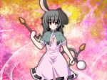  1girl animal_ears bunny_tail carrot dowsing_rod dress fal_(falketto) fusion grey_hair inaba_tewi jewelry mouse_tail nazrin necklace rabbit_ears red_eyes short_sleeves smile solo tail touhou 