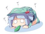  1girl :3 all_fours aqua_dress backpack bag blue_hair chibi cucumber dress eating hair_bobbles hair_ornament hat kawashiro_nitori o_o solo touhou twintails ushi 