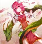  1girl bandages chinese_clothes double_bun dragon ibaraki_kasen pink_eyes pink_hair rukito shackle short_hair touhou 