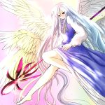  1girl angel_wings barefoot black_eyes crest dress gradient gradient_background gradient_hair high_collar highres jewelry leg_up legs light_smile long_hair long_sleeves multicolored_hair necklace nyago sariel solo staff touhou touhou_(pc-98) very_long_hair wings 