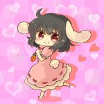  1girl ahoge animal_ears barefoot black_hair bubble bunny_tail carrot checkered checkered_background chibi dress heart highres inaba_tewi iwari_(kerokeroboushi) jewelry looking_at_viewer pendant pink_dress puffy_short_sleeves puffy_sleeves rabbit_ears red_eyes shadow short_hair short_sleeves solo tail touhou walking 