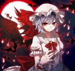  1girl bat bat_wings blue_hair bow dress full_moon hat hat_ribbon looking_at_viewer migihidari_(puwako) moon night pointy_ears puffy_sleeves red_eyes remilia_scarlet ribbon short_sleeves sky smile solo touhou white_dress wings wrist_cuffs 