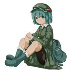  1girl aqua_eyes aqua_hair backpack bag bike_shorts boots hair_bobbles hair_ornament hat highres kawashiro_nitori kokko361 long_sleeves looking_at_viewer rubber_boots shirt short_hair simple_background sitting skirt solo touhou twintails white_background 