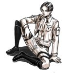  1boy ascot boots jacket joey_joey_joey levi_(shingeki_no_kyojin) monochrome shingeki_no_kyojin sitting solo thigh_strap 