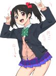  1girl \m/ arumi_(arumi-ke) black_hair blazer blush bow hair_bow looking_at_viewer love_live!_school_idol_project miniskirt open_mouth pleated_skirt short_twintails simple_background skirt smile solo sweater tagme translation_request twintails white_background yazawa_nico 