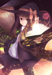  1girl blush broom brown_eyes brown_hair hat highres kokoro6636 long_hair magic_circle original smile solo witch_hat 