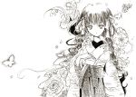  1girl braid flower hair_ribbon hakama japanese_clothes kimono kimonohime long_hair monochrome obi original ribbon solo twin_braids 