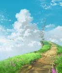  absurdres clouds door flower grass highres nezuminezumi no_humans original path road scenery sky stairway 