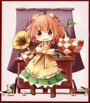  1girl apron bell blush checkered checkered_shirt clothes_writing gasuto_(kamikami) hair_bell hair_ornament highres jingle_bell long_sleeves looking_at_viewer motoori_kosuzu open_mouth red_eyes redhead short_hair smile solo touhou twintails wide_sleeves 
