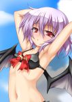  1girl armpits arms_behind_head arms_up bat bat_wings bikini black_bikini blue_sky bow brooch bust clouds jewelry navel open_mouth purple_hair red_eyes remilia_scarlet roura short_hair sky small_breasts smile solo swimsuit touhou wings 