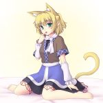  1girl animal_ears arm_warmers barefoot blonde_hair cat_ears cat_tail extra_ears finger_to_mouth gomi_(gomitin) green_eyes kemonomimi_mode looking_at_viewer mizuhashi_parsee open_mouth pointy_ears sash scarf shirt short_hair short_sleeves sitting skirt solo tail touhou wariza 