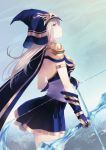  1girl armlet ashe_(league_of_legends) back blonde_hair blue_eyes bow_(weapon) breasts cape gloves highres hood league_of_legends long_hair looking_back skirt solo takekono thigh-highs thighs weapon 