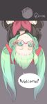  1girl artist_name bespectacled english glasses green_hair hatsune_miku looking_at_viewer red-framed_glasses riccae school_uniform semi-rimless_glasses serafuku smile solo twintails upside-down vocaloid 