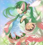  1girl detached_sleeves green_eyes green_hair hatsune_miku headphones highres kari_kenji long_hair multicolored_hair nail_polish necktie open_mouth outstretched_arm petals pink_hair skirt solo striped striped_legwear thigh-highs twintails very_long_hair vocaloid 