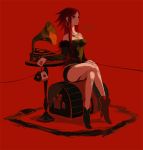  1girl artist_name asching bare_shoulders belt black_eyes boots club crossed_legs dated dress earrings hand_on_leg heart high_heels holding hoop_earrings jewelry long_hair original phonograph record red_background redhead shoes short_dress sitting solo table tattoo weapon 