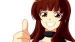  1girl brown_hair grin hoshino_yami idolmaster parody red_eyes smile solo yuu-gi-ou yuu-gi-ou_5d&#039;s 